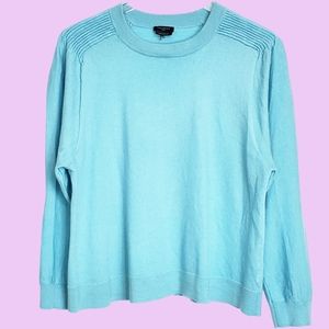 Talbots size L petite pleated shoulder merino sweater blue knit crew neck dolman